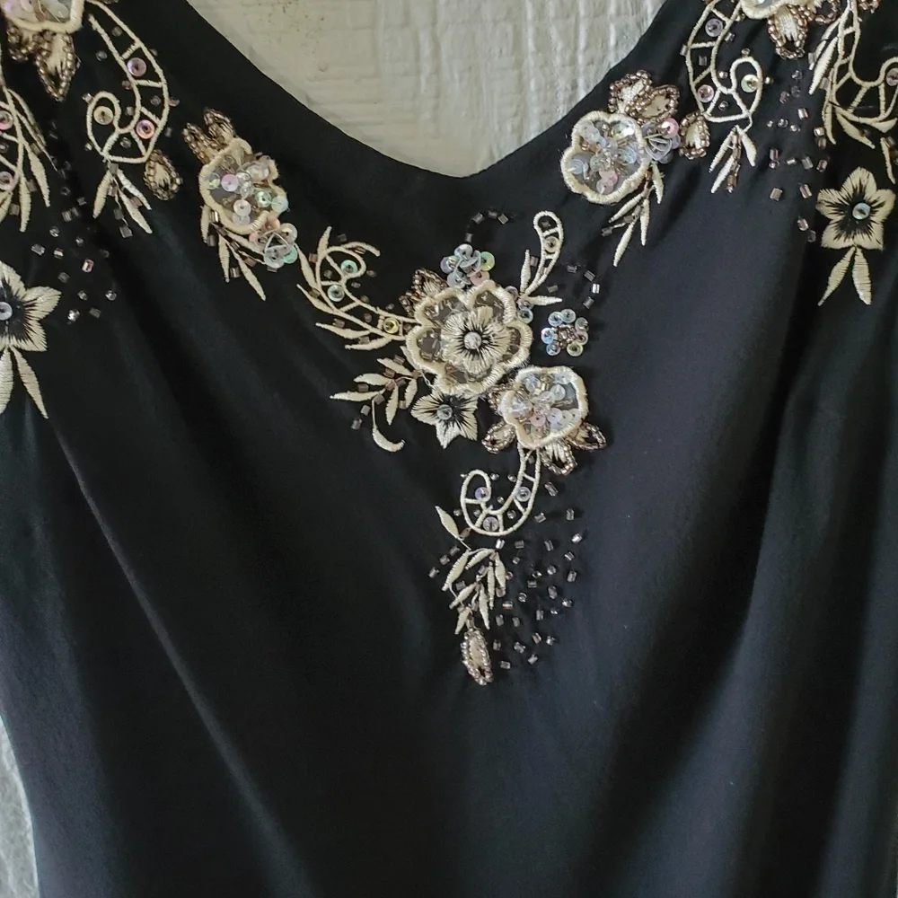 Dress Barn Silk Chiffon Floral Embroidered Sequin Sleeveless V Neck Black sz 14 - Picture 5 of 7